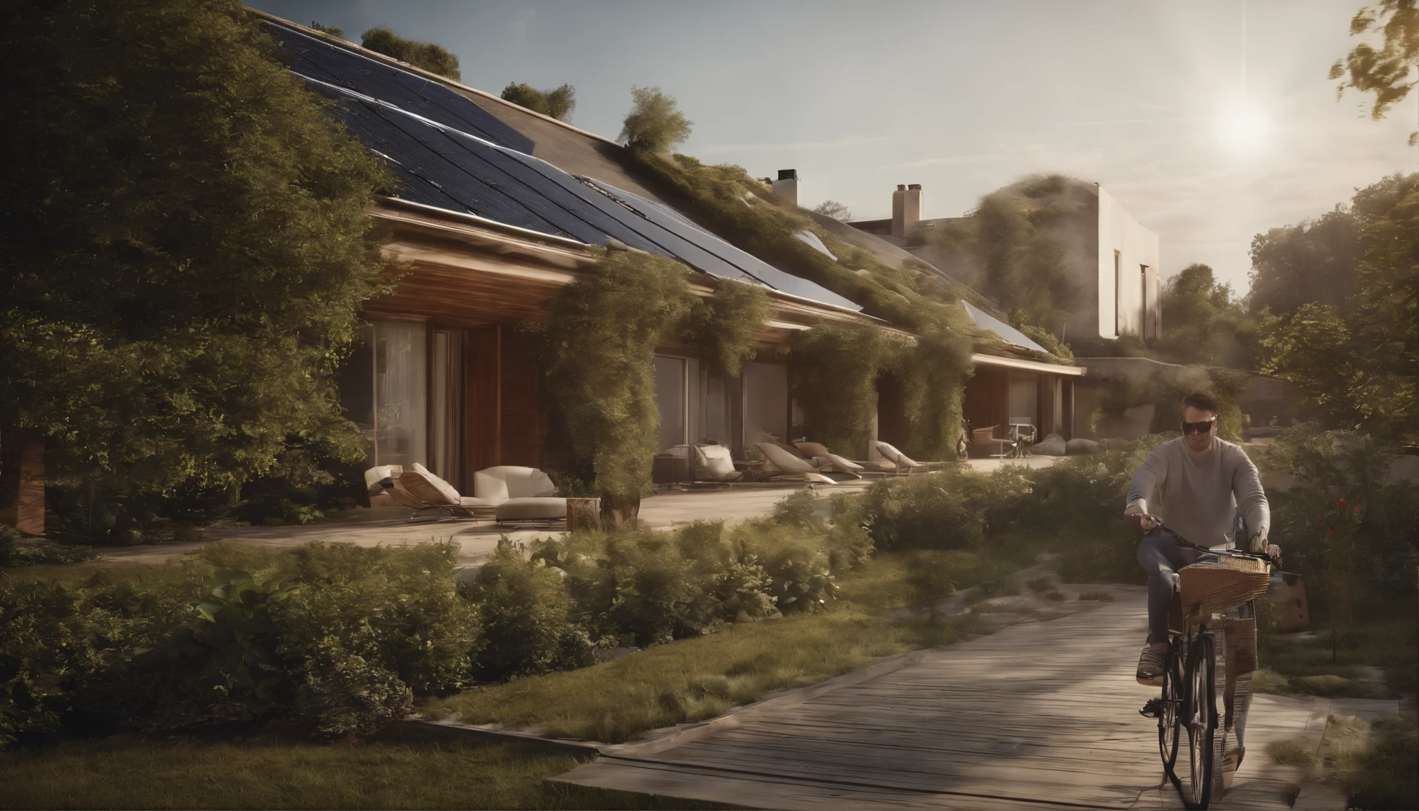 4K, photorealistic, urban, medium-sized city, eco-friendly, solar panels on the roofs, bicycles, pedestrians, electric buses, gardens, trees