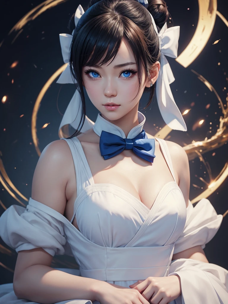 anime girl，blue eyes，white dress，bow tie, 春丽portrait, guweiz, Very detailed and beautiful fan art, Chun Li&#39;portrait, Chun Li, 4K，