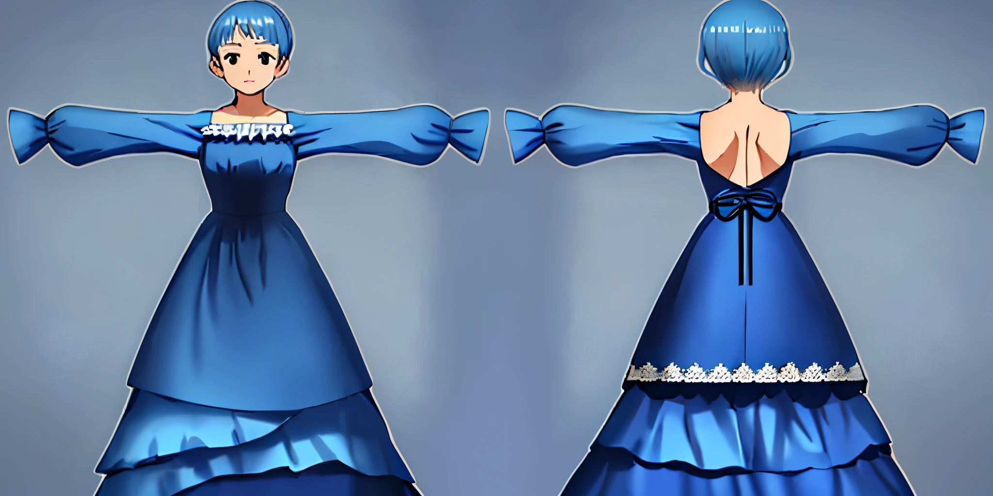 front and back, blue dress with frills and ribbons