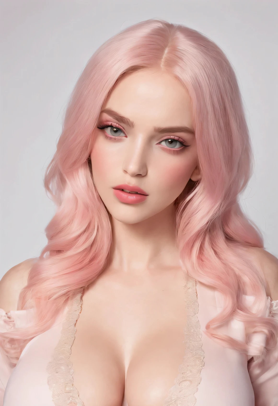 big breasts, plump lips, rosy cheeks, Spanish, light pink hair, full hour glass body.