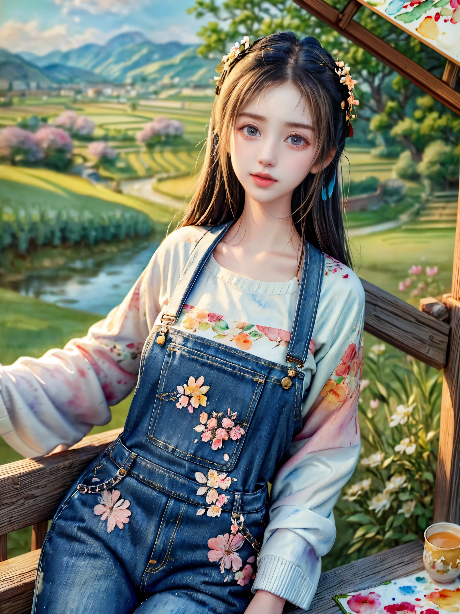 Imaginative thoughts on your dream girlfriend、Warm depiction，Envisioned as a dream lover and lifelong partner。She embodies the simplicity of Chinese rural girls、Industrious，Integrated with wisdom、Beautiful and hard-working character。This artistic depiction shows her in a rural setting，Exuding sweetness、Romantic atmosphere。((She wears simple denim overalls and a white shirt))，Reflecting her humble origins and down-to-earth character。Her facial features are gentle and beautiful，The expression is kind、Tempting。The background is a picturesque rural landscape，Rolling hills、Fields and traditional country houses，Adds a sweet rustic romantic charm。The overall style blends realism and idealized rural beauty，embodies the dreamlike、The Essence of a Cute Country Girl, (floral watercolor painting:1.5)，(Super high saturation, bright and vivid colors:1.5), (nsfw), (Look at the audience head-on:1.5)