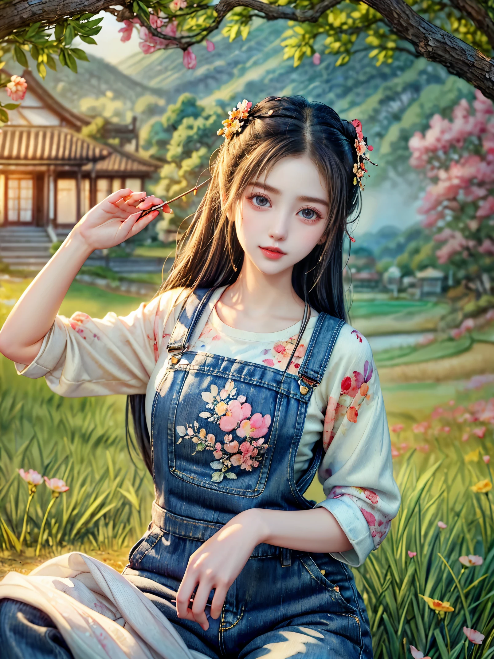 Imaginative thoughts on your dream girlfriend、Warm depiction,Envisioned as a dream lover and lifelong partner。She embodies the simplicity of Chinese rural girls、Industrious,Integrated with wisdom、Beautiful and hard-working character。This artistic depiction shows her in a rural setting,Exuding sweetness、Romantic atmosphere。((She wears simple denim overalls and a white shirt)),Reflecting her humble origins and down-to-earth character。Her facial features are gentle and beautiful,The expression is kind、Tempting。The background is a picturesque rural landscape,Rolling hills、Fields and traditional country houses,Adds a sweet rustic romantic charm。The overall style blends realism and idealized rural beauty,embodies the dreamlike、The Essence of a Cute Country Girl, (floral watercolor painting:1.5),(Super high saturation, bright and vivid colors:1.5), (nsfw), (Look at the audience head-on:1.5)