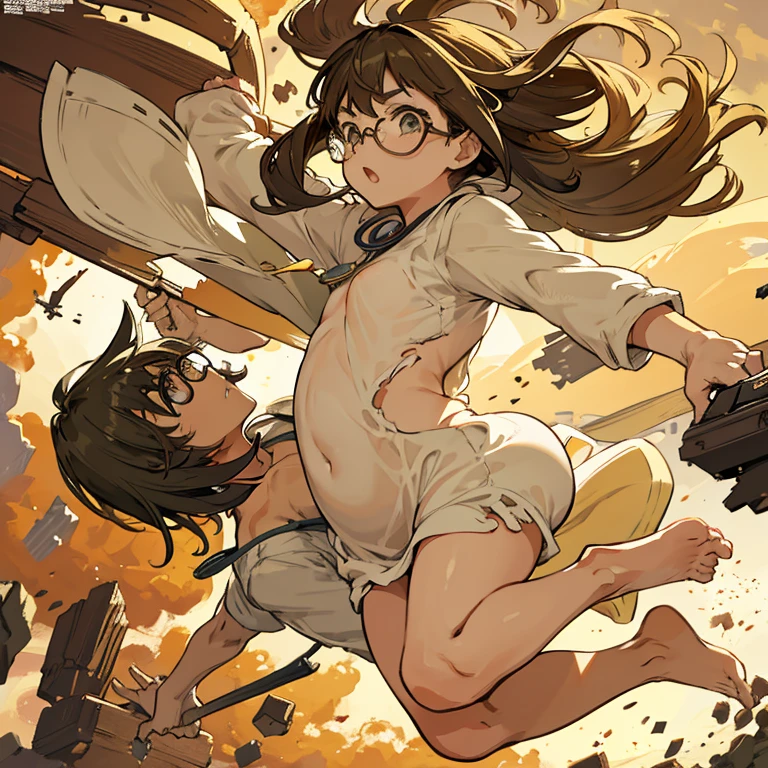 Optician Glasses Nudist Jump、Severely torn clothes are scattered around、Unstable buoyancy sandstorm、amazing dynamism、great angle、