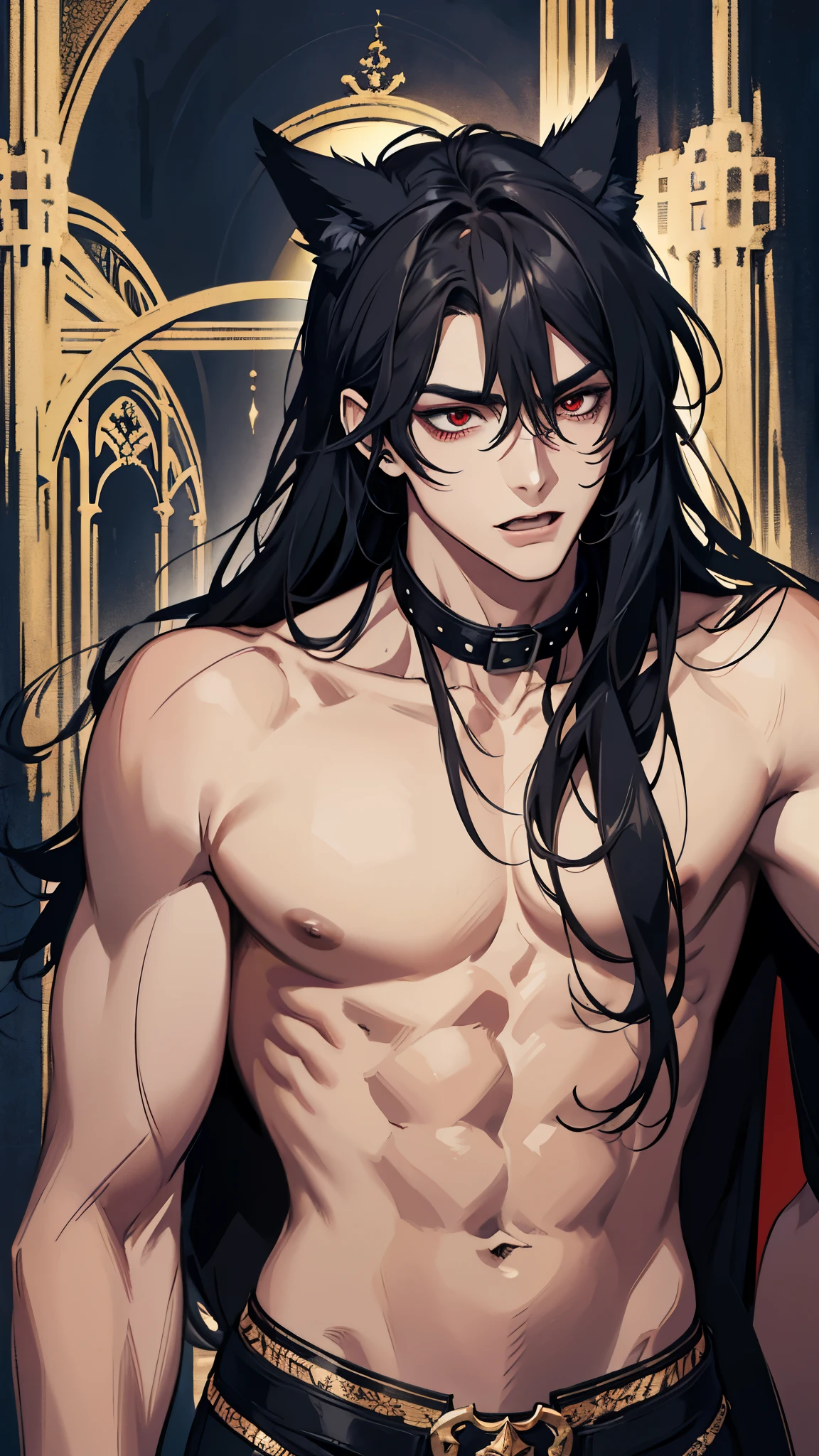 (absurdres, highres, ultra detailed), 1 male, boy, adult, handsome, tall muscular guy, broad shoulders, finely detailed eyes and detailed face, black very long hair, red eyes, handsome, fantasy, gothic, wolf ears, wolf tail, Sunlight, Fantastic light and shadow, Scenery, portrait, vampire fangs, open mouth, sexy, attractive, full body, tongle, no clothes, no shirt,, Dog Collar, bangs, cute face