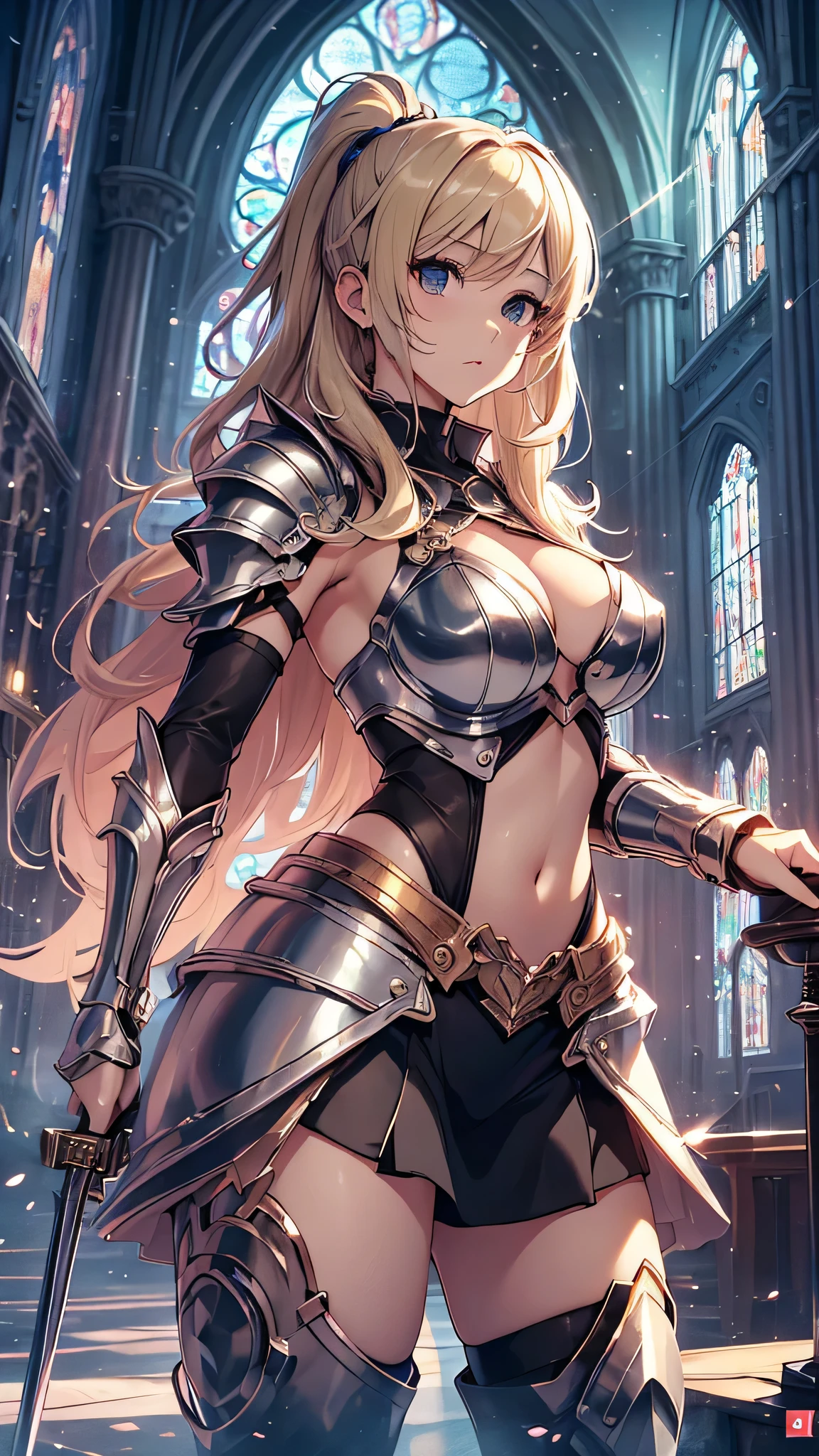 最high quality、best image quality、masterpiece、age girl((18-year-old、 By becoming、vest bust、medium bust,wide open breast tea、black eye, blonde、ponytail、thin,highest valley、toned chest、gold armour、silver armor short skirt、Holding a sword in his right hand、Equipped with a shield on the left hand、fighting pose)),high quality、beautiful art、background((church、light shines in)),debris flies、Depth of written boundary、movie、visual art、perfect art、8K,genuine