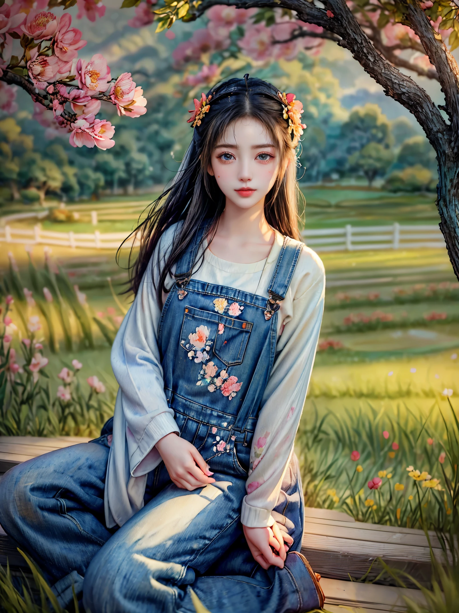 Imaginative thoughts on your dream girlfriend、Warm depiction，Envisioned as a dream lover and lifelong partner。She embodies the simplicity of Chinese rural girls、Industrious，Integrated with wisdom、Beautiful and hard-working character。This artistic depiction shows her in a rural setting，Exuding sweetness、Romantic atmosphere。((She wears simple denim overalls and a white shirt))，Reflecting her humble origins and down-to-earth character。Her facial features are gentle and beautiful，The expression is kind、Tempting。The background is a picturesque rural landscape，Rolling hills、Fields and traditional country houses，Adds a sweet rustic romantic charm。The overall style blends realism and idealized rural beauty，embodies the dreamlike、The Essence of a Cute Country Girl, (floral watercolor painting:1.5)，(Super high saturation, bright and vivid colors:1.5), (nsfw), (Look at the audience head-on:1.5)