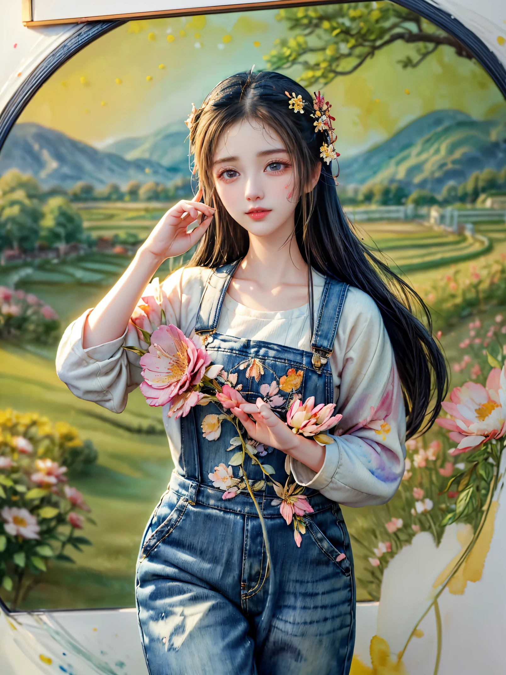 Imaginative thoughts on your dream girlfriend、Warm depiction，Envisioned as a dream lover and lifelong partner。She embodies the simplicity of Chinese rural girls、Industrious，Integrated with wisdom、Beautiful and hard-working character。This artistic depiction shows her in a rural setting，Exuding sweetness、Romantic atmosphere。((She wears simple denim overalls and a white shirt))，Reflecting her humble origins and down-to-earth character。Her facial features are gentle and beautiful，The expression is kind、Tempting。The background is a picturesque rural landscape，Rolling hills、Fields and traditional country houses，Adds a sweet rustic romantic charm。The overall style blends realism and idealized rural beauty，embodies the dreamlike、The Essence of a Cute Country Girl, (floral watercolor painting:1.5)，(Super high saturation, bright and vivid colors:1.5), (nsfw), (Look at the audience head-on:1.5)