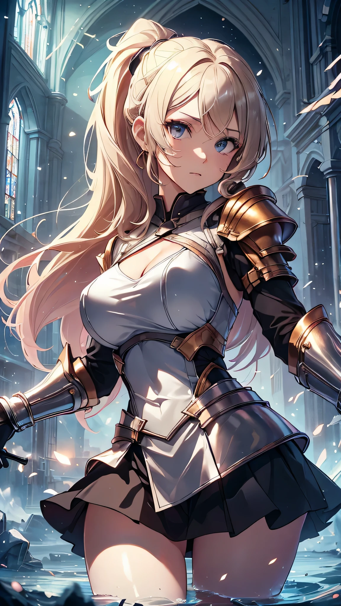 最high quality、best image quality、masterpiece、teenage girl((18-year-old、 By becoming、vest bust、medium bust,wide open breast tea、black eye, blonde、ponytail、thin,highest valley、toned chest、gold armour、silver armor short skirt、Holding a sword in his right hand、Equipped with a shield on the left hand、fighting pose)),high quality、beautiful art、background((church、light shines in)),debris flies、Depth of written boundary、movie、visual art、perfect art、8K,genuine