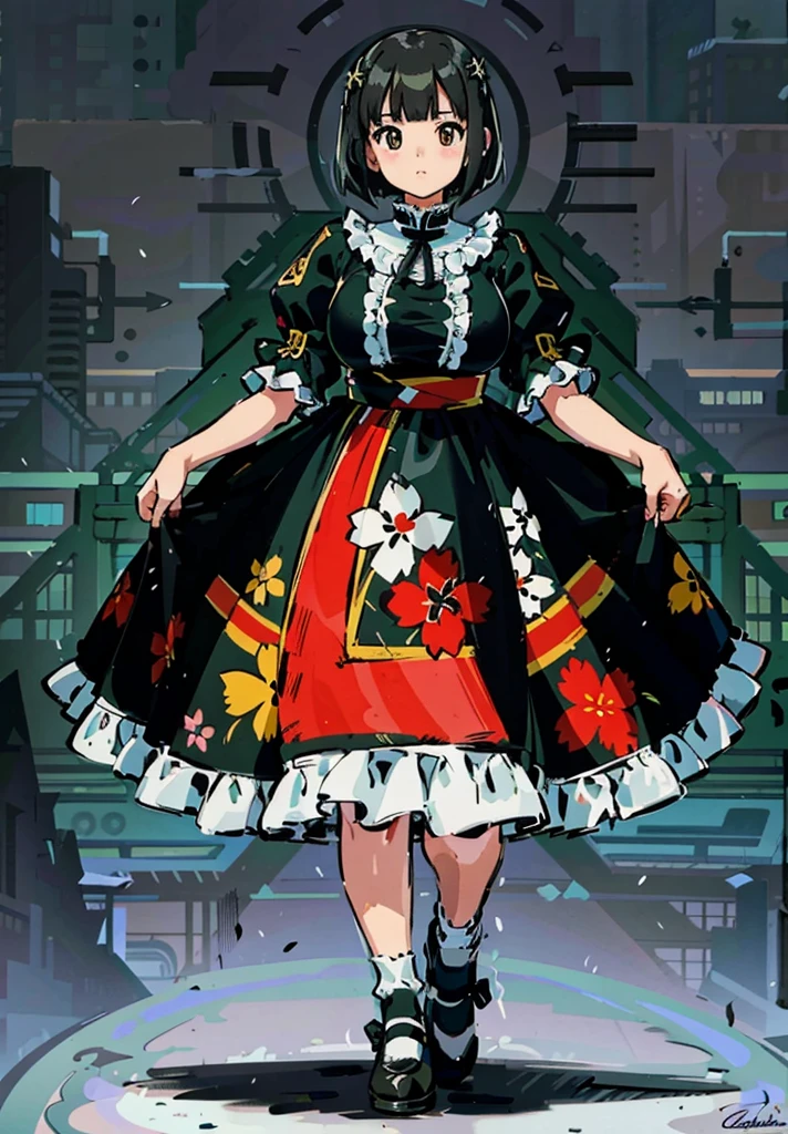 1 girl, ((masterpiece, side light, beautiful eyes: 1.2), Super detailed, ultra high resolution, professional lighting, high quality make up, beautiful detailed eyes), (highest quality:0.8), perfect anime illustrinion,  beautiful, flin color background, simple background, whole body ,  looking for_in_viewer, 一人in, (whole body:1.5), (black hair:1.3), dark brown eyes, (big breasts:1.2), 一人in,Wasachiri, Huasachina,  sash, puffy dress, dress, Puffy short sleeves, pantyhose, black shoes, Floral, print dress, put your hands on your hips, handkerchief,tof, (asymmetric bob cut:1.1),(low length:1.1),(Chubby:1.2),(おinこ:1.2),(boobs for days:1.2),(huge boobs:1.2),(short legs)
