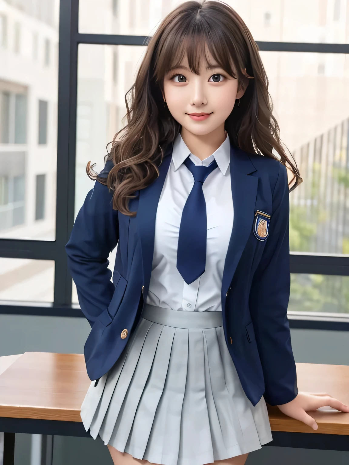 8K, highest quality, real image, intricate details, Super detailed, ultra high resolution, depth field,(realistic,realistic:1.2),table top , frontal shot , From the middle , 1 girl, eye_Chan, very beautiful 17 year old girl, innocent big eyes,、beautiful breasts:1.5、非常に詳細なeye:1.2)、(beautiful breasts:1.1)、wavy hair、curly hair、bangs、, perfect skin, Fair skin, huge breasts, grab your chest with your hands、cleavage, tight waist, light blush, alone, looking at the viewer, light smile, ((School_uniform),(dark blue blazer), (white shirt、Wearing a tie), (gray pleated skirt), (sculpture installation :1.1)
