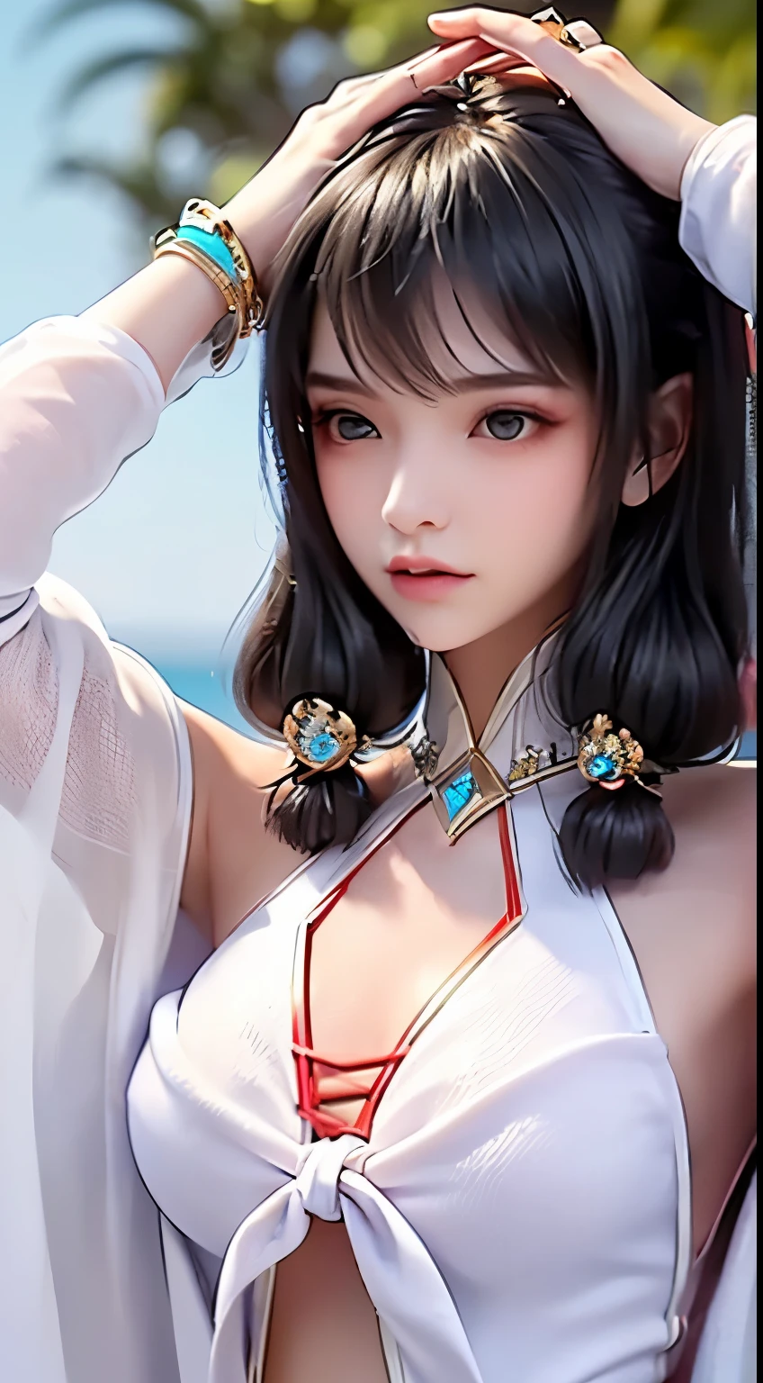 A beautiful 20-year-old girl, (((Wearing a delicate white two-piece bikini))),(Revealing the), Carefully crafted jewelry with gemstones,((Tie your hair neatly over your shoulders: 1.5)), (())，soft light