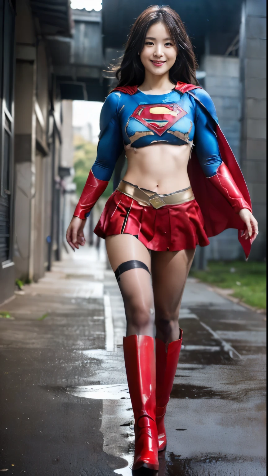 no background、(((Wear black tights on your beautiful legs.torn、Tattered、being destroyed)))、(((stretch your legs、tall、Legally express the beauty of your smile)))、((((Get the most out of your original images)))、(((supergirl costume、torn、Tattered、being destroyed)))、(((beautiful hair)))、(((I'm in pain)))、(((Legs must be worn with black tights)))、(((must wear red boots、being destroyed)))、((Highest image quality、8K))、((highest quality、8K、masterpiece:1.3))、(((keep background )))、clear focus:1.2、beautiful woman with perfect figure:1.4、Full of scars、bloody、full of blood、slender abs:1.2、wet body:1.5、Highly detailed face and skin texture、8K