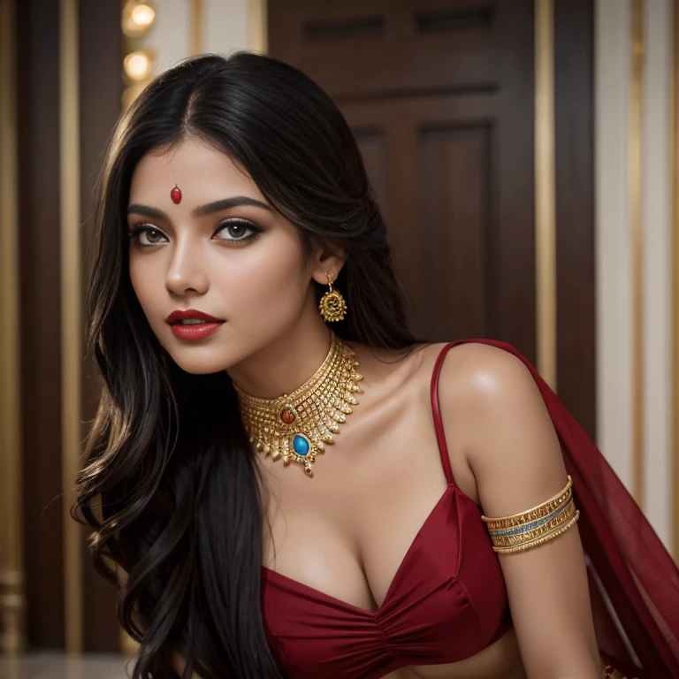 (masterpiece), 1girl, long hair, black hair, (smile:0.5), dress, 8K UHD, realistic, red lips, beautiful, detailed eyes, seductive, posing, Egyptian, long beautiful face, bracelet, award winning, super sexy, no clothes,walking, sunny, close up, super model, full-body_portrait, bangles, blue saree, belly_button, sitting_down, full body, naked, nude, legs open, nsfw