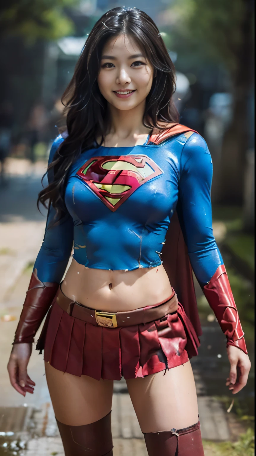 no background、(((Wear black tights on your beautiful legs.torn、Tattered、being destroyed)))、(((stretch your legs、tall、Legally express the beauty of your smile)))、((((Get the most out of your original images)))、(((supergirl costume、torn、Tattered、being destroyed)))、(((beautiful hair)))、(((I'm in pain)))、(((Legs must be worn with black tights)))、(((must wear red boots、being destroyed)))、((Highest image quality、8K))、((highest quality、8K、masterpiece:1.3))、(((keep background )))、clear focus:1.2、beautiful woman with perfect figure:1.4、Full of scars、bloody、full of blood、slender abs:1.2、wet body:1.5、Highly detailed face and skin texture、8K