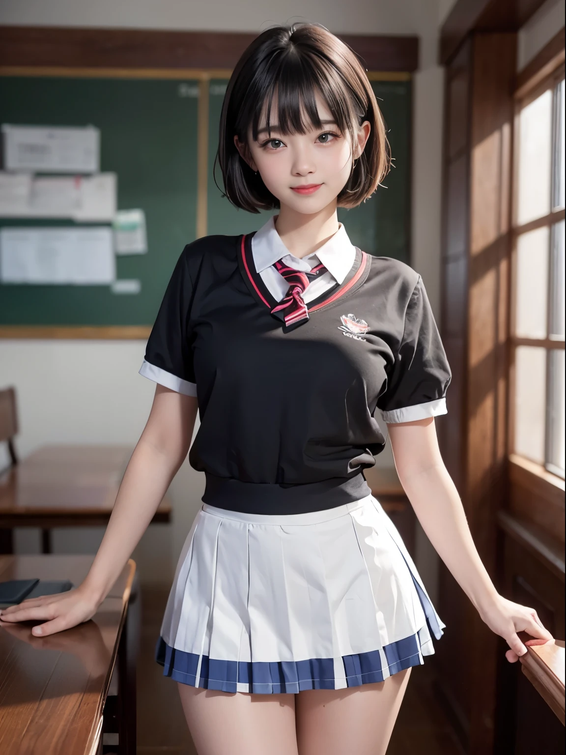 14 year old girl,Pose that expresses the S-shape、cinematic light、shine a bright light on your face, smile、smile、bangs, short cut hairstyle、red ribbon、plump thighs、big breasts、Whip breast、(High School Uniform ,mini skirt:1.3), School, classroom, clear、(highest quality:1.0), (realistic:1.0), (8K, RAW photo:1.1), (8k非常にbecome familiar withなCGユニットの壁紙), (highest quality), (best illustrations), (best shadow), (become familiar with: 1.4), 3D, HDR (high dynamic range), ray tracing, NVIDIA RTX, super resolution, scattered below the surface, PBR texture, Post-processing, anisotropic filtering, Depth of written boundary, maximum sharpness and acutance, multilayer texture, Albedo and highlight mapping, surface shading, Accurate simulation of light-matter interactions, perfect proportions, octane rendering, 超realistic、Photographed with Canon EOS R5、50mm lens、f / 2.8