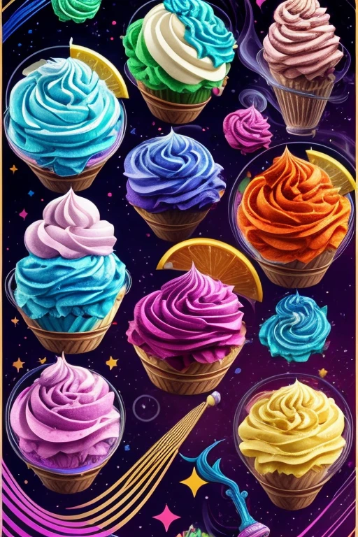 Design a vibrant ice cream poster inspired by the magic of sorcerers. The ice cream, featured prominently in the image, overflows with enchanted colors that flow like liquid paint. Enhance it with magical elements suggesting ingredients of a mystical potion. The background is a collage of arcane symbols and soft magical glimmers.