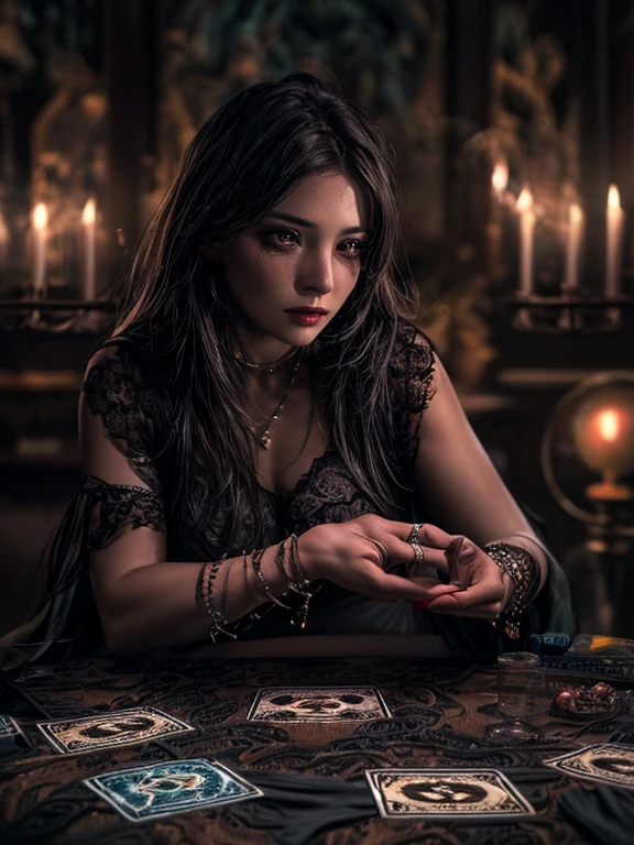 (masterpiece, High resolution:1.3), (Photograph of a woman in her dark and mysterious environment:1.2), (sony alpha 1 camera, Known for its excellent detail capture and low-light performance:1.2), (Combine with Sony FE 24-70mm f。/2.8GM lens for versatile and sharp compositions:1.2), (A woman surrounded by an aura of mystery and intrigue.:1.1), (Her black clothes and mysterious expression further enhance the atmosphere.:1.1), (sony alpha 1 camera capturing the intricate textures and subtle shades in the low-light setting:1.2), (table decorated with tarot cards, spread in mysterious ways:1.1), (Flickering candles, casts a dancing shadow across the room:1.1), (Dim lighting adds to the atmosphere of secrecy and mystery:1.1), (The woman's eyes were focused on the card., As if searching for an unknown answer:1.1), (crystal ball nearby, In addition to the mysterious atmosphere:1.1), (Symbols of astrology and esoteric knowledge decorating the room:1.1), (A faint scent of incense in the air, increase sensory experience:1.1), (Photos that capture the connection between women and the spiritual world and mystical aura:1.1), (The moment when time stopped, Capturing the intense and introspective atmosphere of fortune telling:1.1), (Images that transport the viewer into a world of magic and spiritual insight., make them interested and curious:1.1), cinematic, very detailed, insane details, beautiful color grading, unreal engine, degrees of freedom, super resolution, megapixel, cinematic Lightning, anti-aliasing, FKA, Thai, rtx, SSAO, Post-processing, post production, tone mapping, CGI, video effects, special effects, extremely detailed and complicated, hyper maximalist, 超realistic, Volume measurement, realistic, Super photorealistic, super detailed, intricate details, 8K, Super detailed, full color, Volume measurement lightning, HDR, realistic, unreal engine, 16k, sharp focus, octane rendering