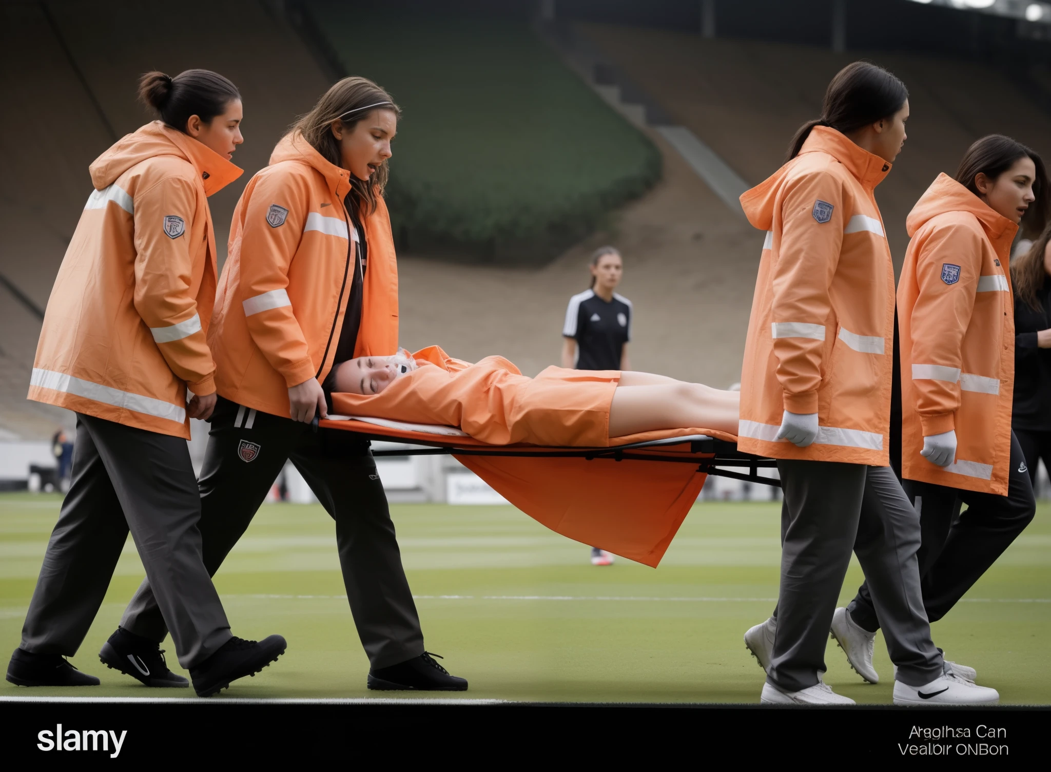 a soccer scene in a sports stadium, cool and wet weather conditions, humide ground, rainy sky, injury scene in a sports stadium, stretcher carry, there are four female medics carrying a stretcher, there are four female medics in very shiny coats who are carrying a stretcher in a sports stadium, there is a wounded male soccer player in a matte short cotton sports outfit lying on the stretcher, an injured male soccer player in matte cotton sportswear is lying in pain on a stretcher, a soccer player in matte cotton sports clothes is rearing up in intense pain while lying on a stretcher, dramatic scene, theatralic posing scene, dramatic pity scene, injury soccer, first aid, help, pity, there are four female medics in wetlook high-shine coats who are looking very sad and very terrified and very shocked, the injured soccer player is screaming out in pain while he is carried from the pitch on a stretcher