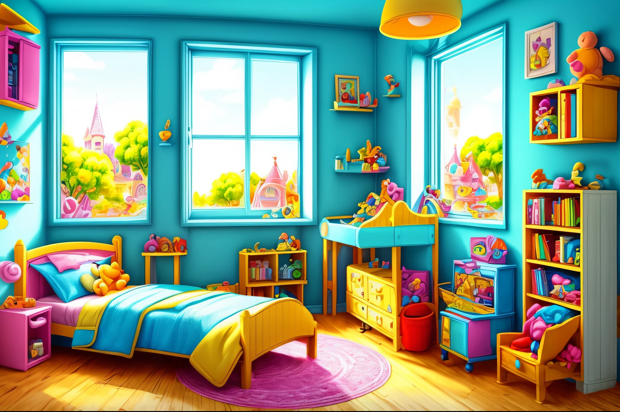 bright, (((cartoon style))), inside of a children's room with toys and soft toys, bed, window, cute room, no human, illustration for children, fantasy art, masterpiece, sunny day in the background, detailed, intricate, 4k, art