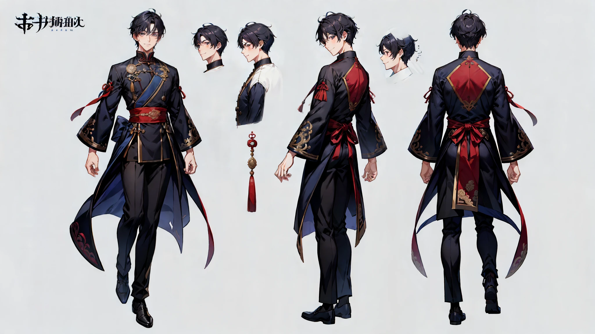 ((masterpiece)),((((best quality))),(character design sheet,same characters,street frontage,side,back),cute boy,black hair short hair,blue eyes,Smile,Chinese-style clothing,Red roses as accessories,Detailed faces,fine hair,(simple background,White background:1.3)