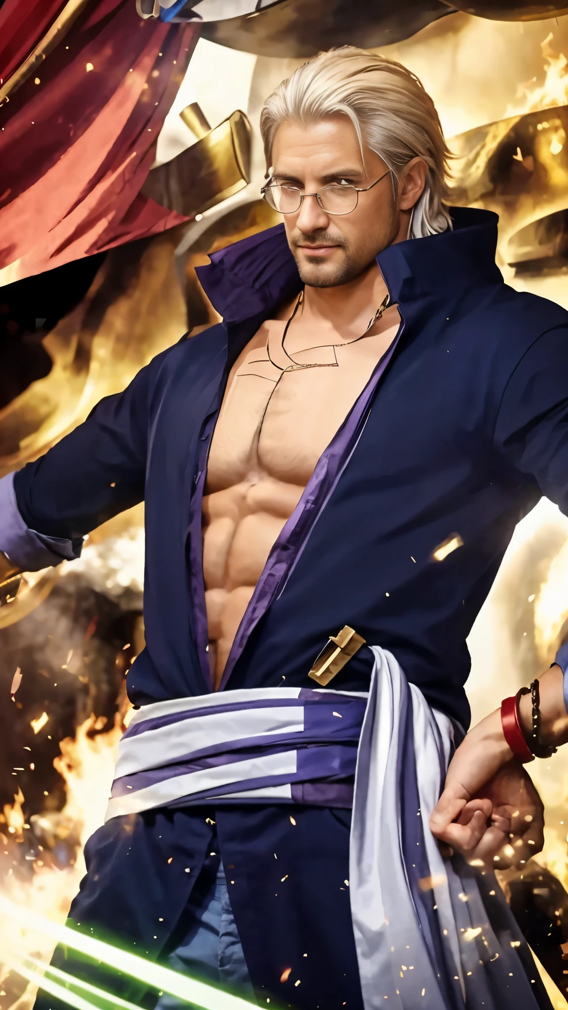 (masterpiece), (realistic), (ultra detailed), ( high reest quality), (photorealistic), (perfect face), (perfect anatomy), (((man))), (((male))), (((30 years old))), (((muscular))), (((solo))), Silvers Rayleigh from one piece, Silvers Rayleigh, short hair, (((hair style combed back))), yellow hair, black beard, wearing round glasses, wears a long dark purple shirt with the inside of the shirt being light purple, wearing dark blue pants, wearing a red and white bracelet on his left hand, wearing a white cloth belt, there is a sword scabbard on the character's left waist, the character is expressionless, the character's mouth is smiling evilly, there are flames around the character, behind the character there are flames