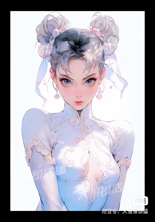 anime girl，blue eyes，white dress，bow tie, portrait of Chun Li, guweiz, Very detailed and beautiful fan art, Chun Li&#39;s portrait, Chun Li, guweiz style artwork, 4K，No watermark，White skin