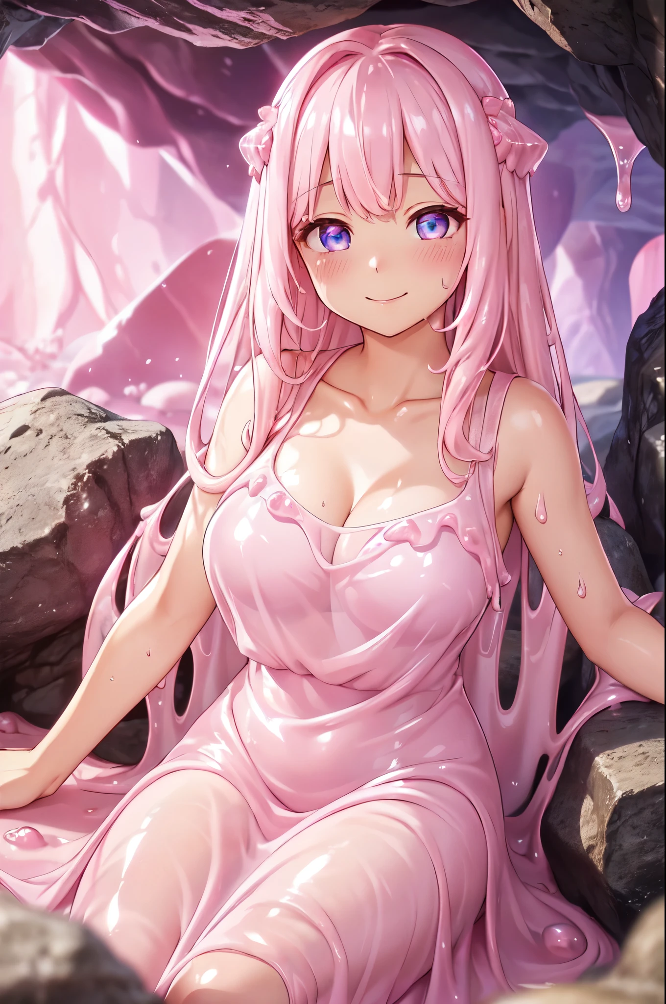 (High quality, High resolution, Fine details), Realistic, (Cave of Rocks), pink slime woman, solo, (Melting pink Dress:1.2), pink curvy women, sparkling eyes, (Detailed eyes:1.2), smile, blush, Sweat, (Transparent Skin), (pink skin), shallow depth of field
