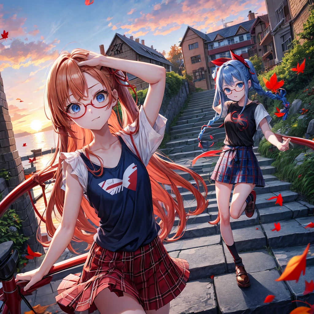 Red-blonde、blue hair、blue eyes、Braid、one good looking girl、solo、anime、Plaid miniskirt、camisole、black t-shirt、Tilting your face、Doing the ribbon、Ribbon at waist、sunset sky、stone stairs、petal、tunnel、Fallen leaves、wearing glasses、waterfall、paper airplane、pushing a pink bicycle
