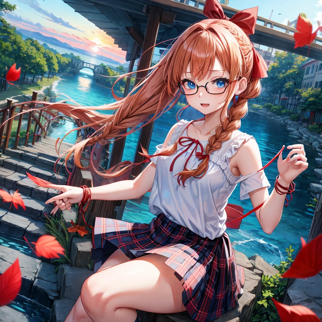 Red-blonde、blue hair、blue eyes、Braid、one good looking girl、solo、anime、Plaid miniskirt、camisole、black t-shirt、Tilting your face、Doing the ribbon、Ribbon at waist、sunset sky、stone stairs、petal、tunnel、Fallen leaves、wearing glasses、waterfall、paper airplane、pushing a pink bicycle