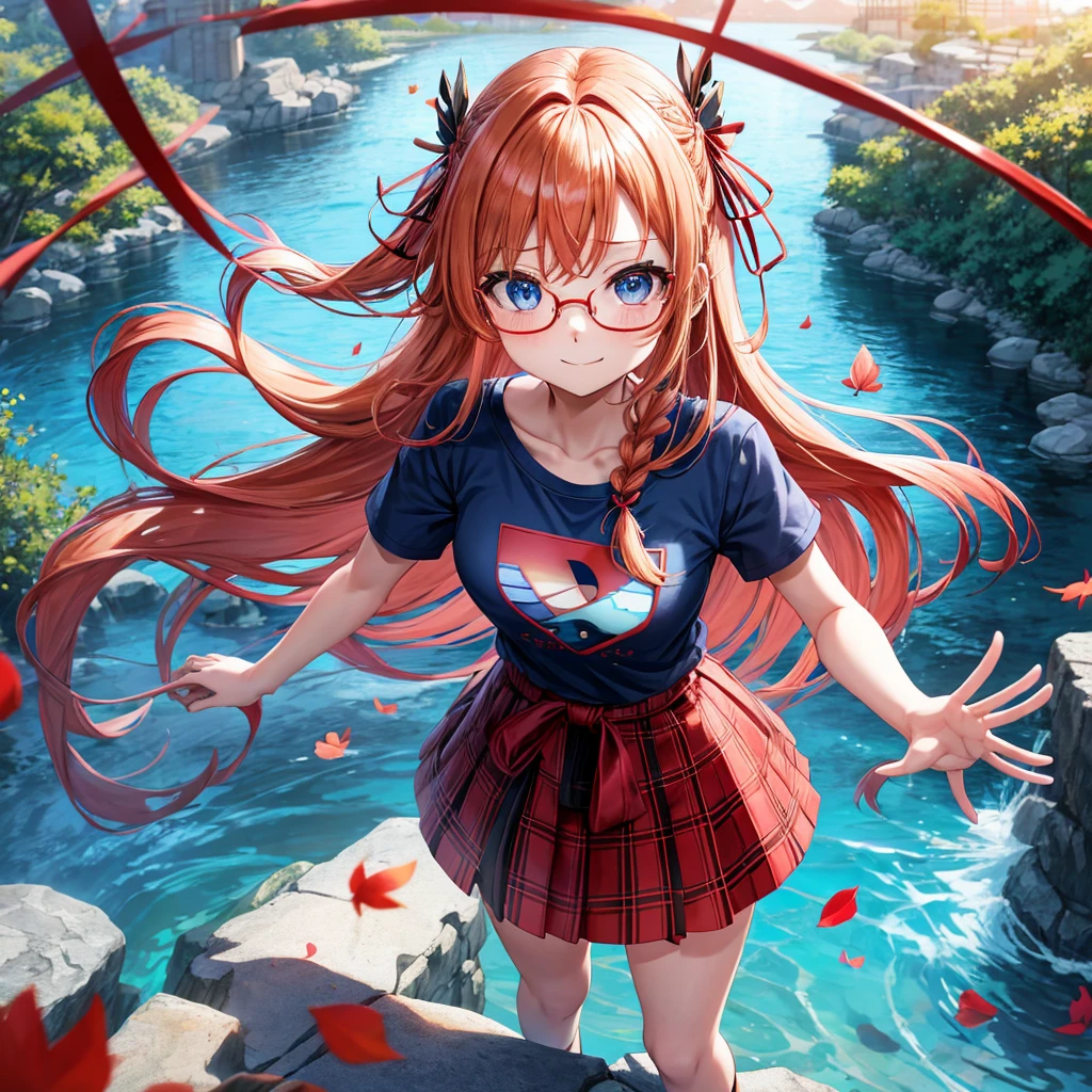 Red-blonde、blue hair、blue eyes、Braid、one good looking girl、solo、anime、Plaid miniskirt、camisole、black t-shirt、Tilting your face、Doing the ribbon、Ribbon at waist、sunset sky、stone stairs、petal、tunnel、Fallen leaves、wearing glasses、waterfall、paper airplane、pushing a pink bicycle