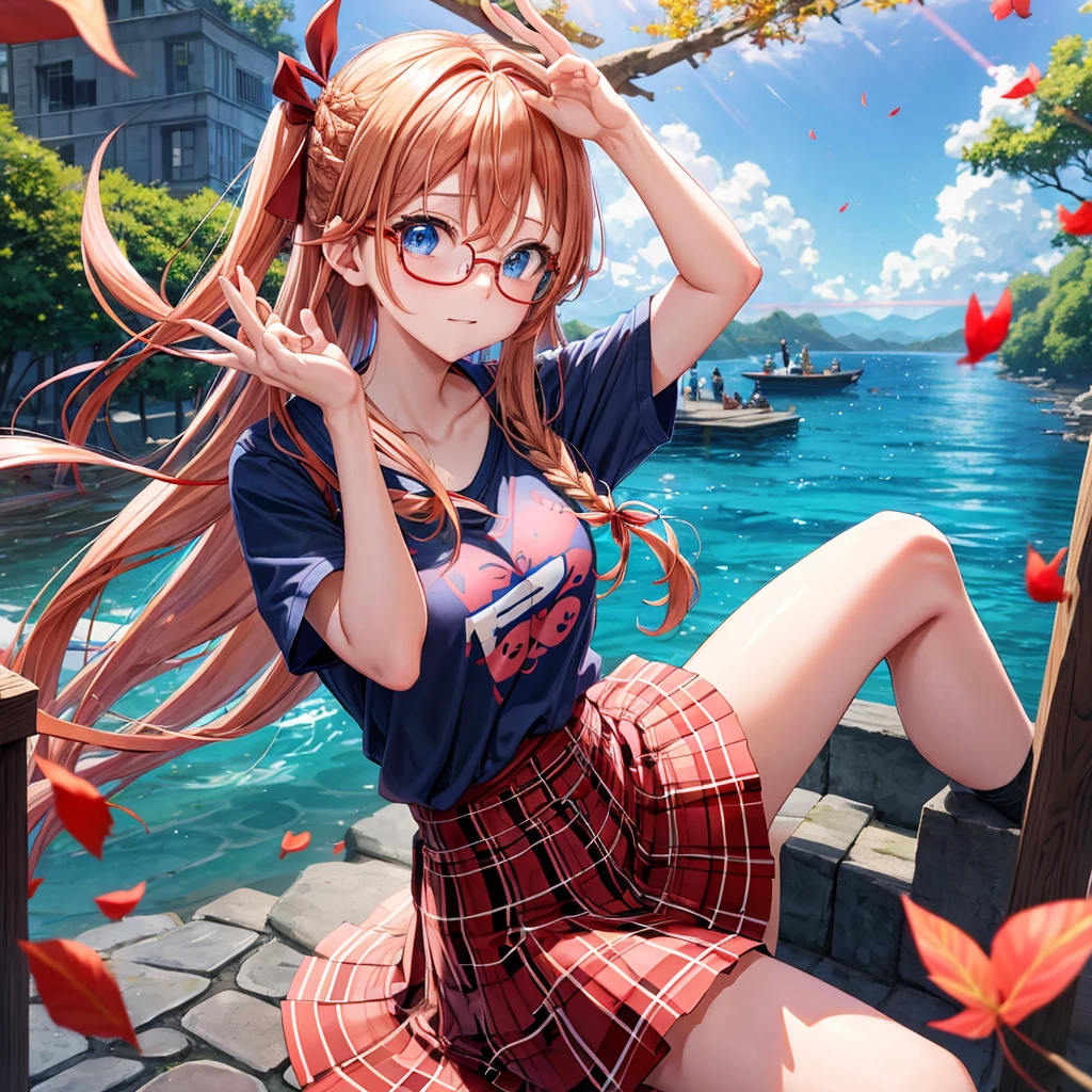 Red-blonde、blue hair、blue eyes、Braid、one good looking girl、solo、anime、Plaid miniskirt、camisole、black t-shirt、Tilting your face、Doing the ribbon、Ribbon at waist、sunset sky、stone stairs、petal、tunnel、Fallen leaves、wearing glasses、waterfall、paper airplane、pushing a pink bicycle