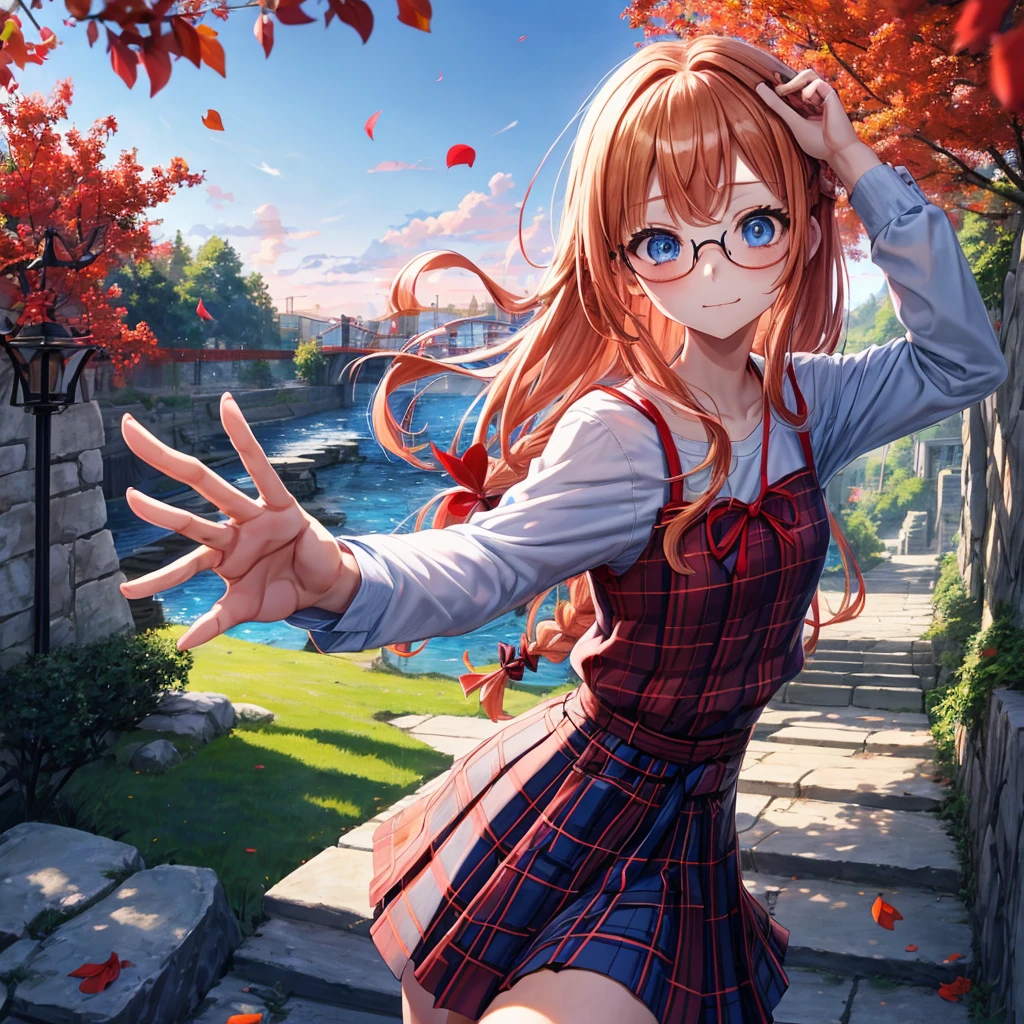 Red-blonde、blue hair、blue eyes、Braid、one good looking girl、solo、anime、Plaid miniskirt、camisole、black t-shirt、Tilting your face、Doing the ribbon、Ribbon at waist、sunset sky、stone stairs、petal、tunnel、Fallen leaves、wearing glasses、waterfall、paper airplane、pushing a pink bicycle