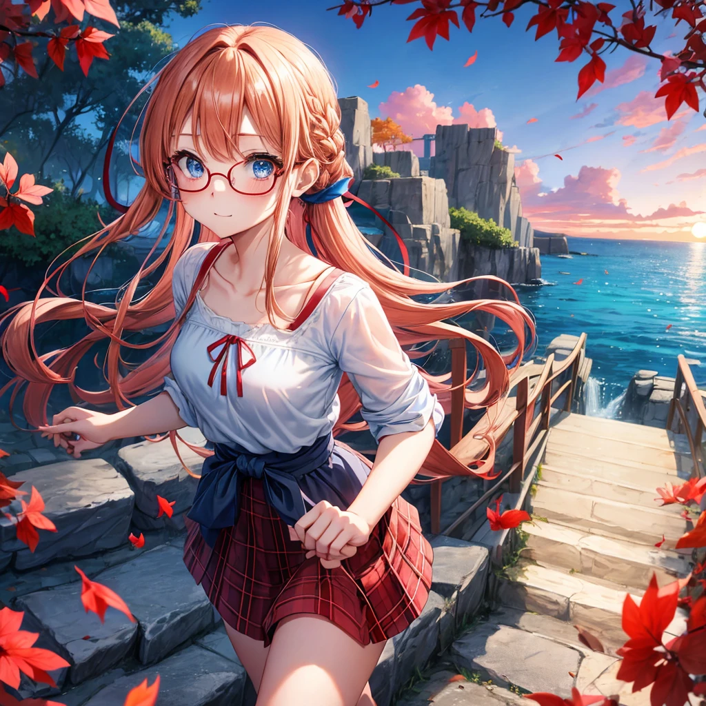 Red-blonde、blue hair、blue eyes、Braid、one good looking girl、solo、anime、Plaid miniskirt、camisole、black t-shirt、Tilting your face、Doing the ribbon、Ribbon at waist、sunset sky、stone stairs、petal、tunnel、Fallen leaves、wearing glasses、waterfall、paper airplane、pushing a pink bicycle