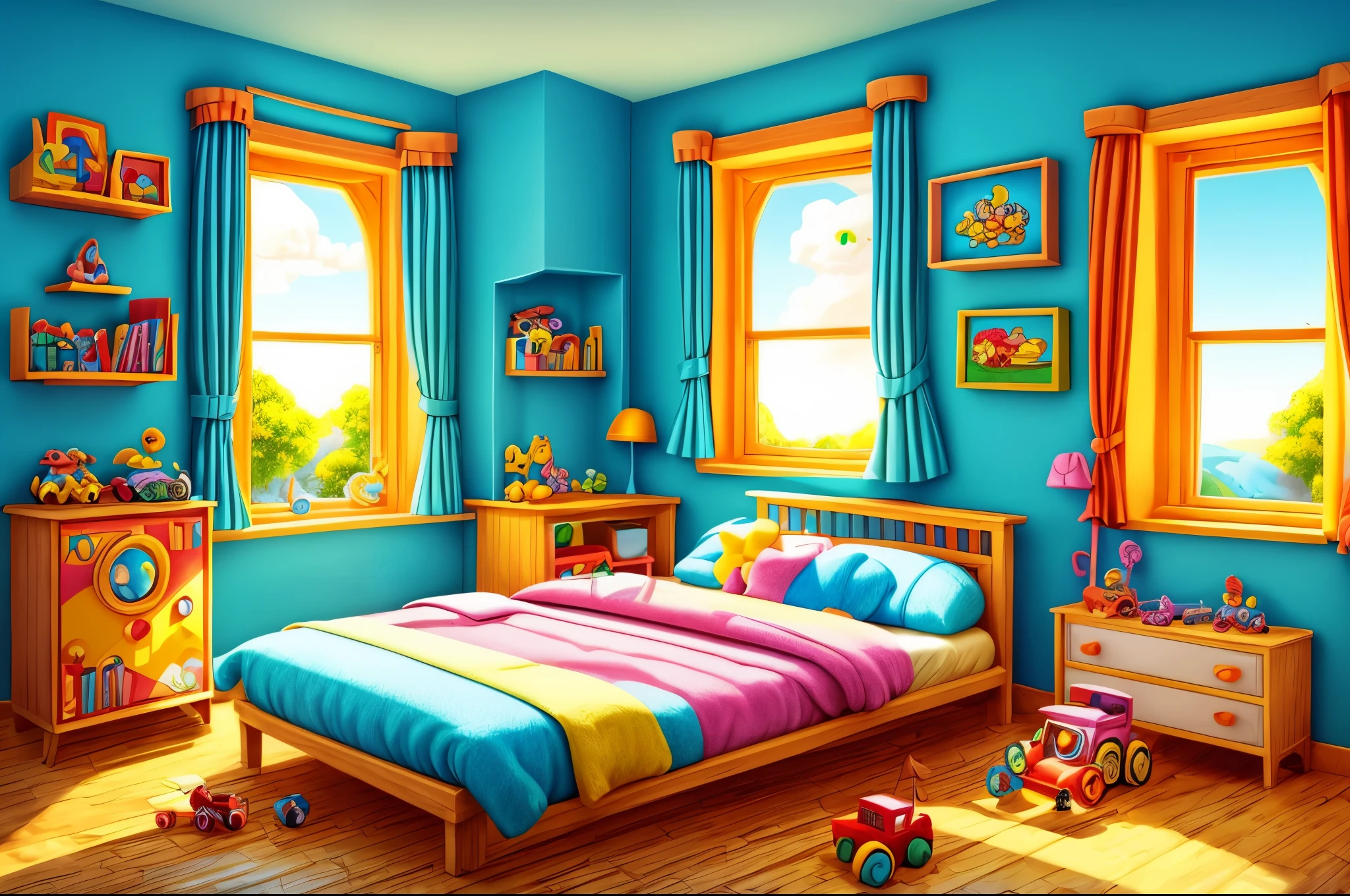 bright, (((cartoon style))), inside of a children's room with toys and soft toys, bed, window, cute room, no human, illustration for children, fantasy art, masterpiece, sunny day in the background, detailed, intricate, 4k, art