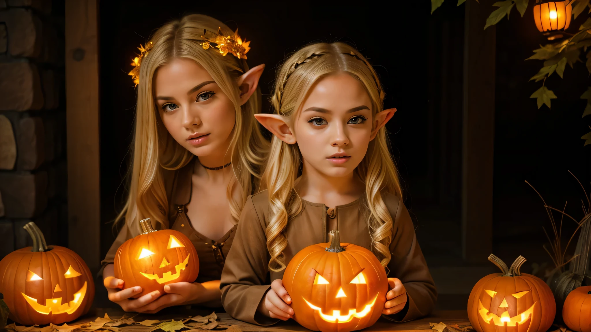 Beautiful elf blond child portrait holding a pumpkin lantern