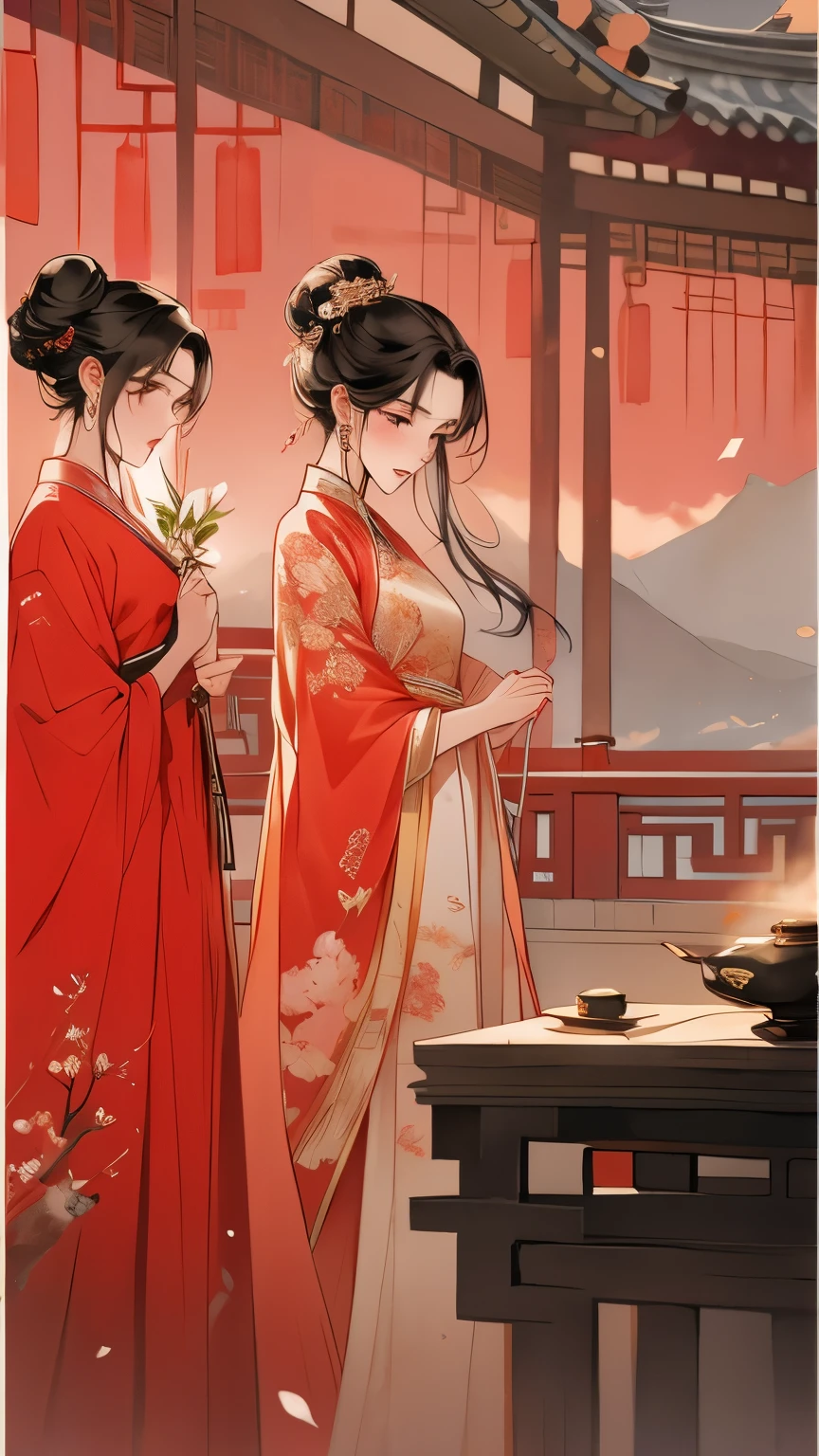 两名身着红色和金色cheongsam的亚洲女性station在桃花树旁, cheongsam,  wearing a red cheongsam, Chinese style, palace ，Girls wearing Hanfu,, Beautiful rendering of the Tang Dynasty, Chinese beautiful woman, wearing chinese clothes, 复杂华丽的丝绸cheongsam，4k highly detailed digital art, Ethereal stills，hanfu, Queen of China, jingna zhang, palace ， station，Chinese Mythology Art，Mountain and sea sutra style，Ink painting blooming，watercolor illustration，Western style woman，长长的black hair，Long silk dress，double bun hair，Gilt jewelry decoration，black hair，hair accessories，Super gorgeous details，Warm color aesthetic light source，Burnt blue jade beads，Clouds，ribbon，ribbon，vermilion courtyard wall，Xuan Chuang，outdoor，Light painting rendering，blurry and mottled，HD，16k，best quality