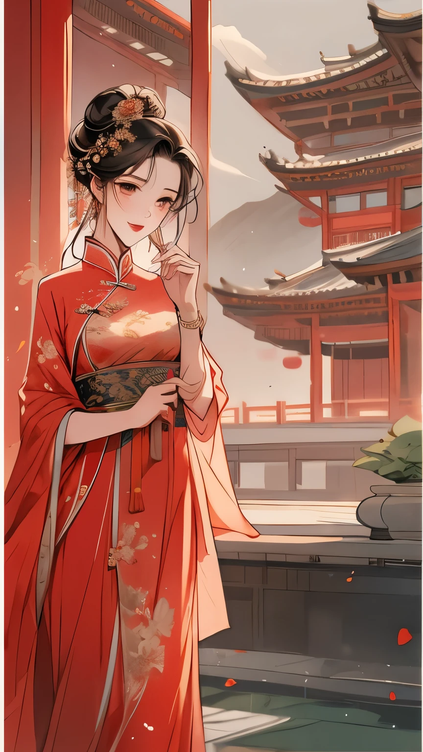 两名身着红色和金色cheongsam的亚洲女性station在桃花树旁, cheongsam,  wearing a red cheongsam, Chinese style, palace ，Girls wearing Hanfu,, Beautiful rendering of the Tang Dynasty, Chinese beautiful woman, wearing chinese clothes, 复杂华丽的丝绸cheongsam，4k highly detailed digital art, Ethereal stills，hanfu, Queen of China, jingna zhang, palace ， station，Chinese Mythology Art，Mountain and sea sutra style，Ink painting blooming，watercolor illustration，Western style woman，长长的black hair，Long silk dress，double bun hair，Gilt jewelry decoration，black hair，hair accessories，Super gorgeous details，Warm color aesthetic light source，Burnt blue jade beads，Clouds，ribbon，ribbon，vermilion courtyard wall，Xuan Chuang，outdoor，Light painting rendering，blurry and mottled，HD，16k，best quality