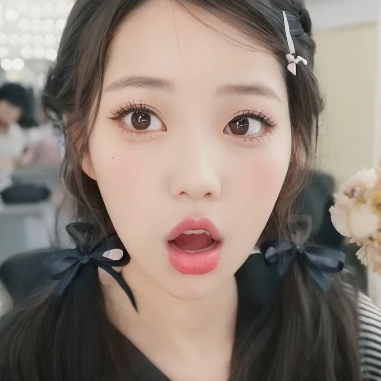 Customary girl with black bow and black and white striped shirt, wan adorable korean face, popular south korean makeup, ulzzang, Adorable young Korean face, Nice round slanted eyes, With cute dotted eyes, Cute big eyes, Popular Korean makeup, She has a cute, expressive face, Big round cute eyes, Korean facial features, Shocked look, Wonyoung Eve, Jennie Blackpink