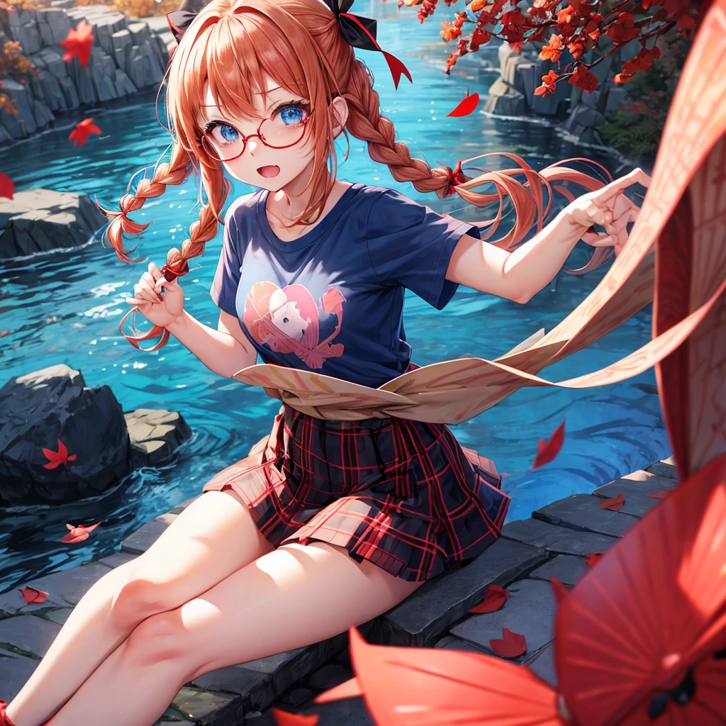Red-blonde、blue hair、blue eyes、Braid、one good looking girl、solo、anime、Plaid miniskirt、camisole、black t-shirt、Tilting your face、Doing the ribbon、Ribbon at waist、sunset sky、stone stairs、petal、tunnel、Fallen leaves、wearing glasses、waterfall、paper airplane、pushing a pink bicycle