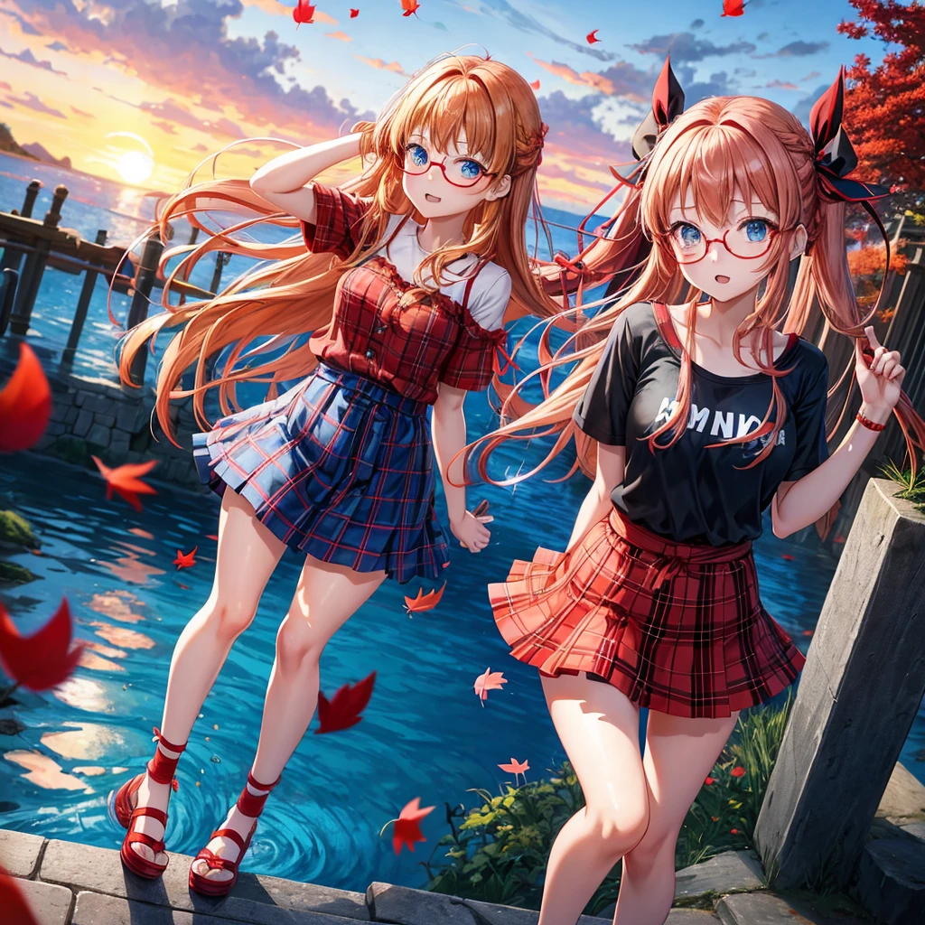 Red-blonde、blue hair、blue eyes、Braid、one good looking girl、solo、anime、Plaid miniskirt、camisole、black t-shirt、Tilting your face、Doing the ribbon、Ribbon at waist、sunset sky、stone stairs、petal、tunnel、Fallen leaves、wearing glasses、waterfall、paper airplane、pushing a pink bicycle