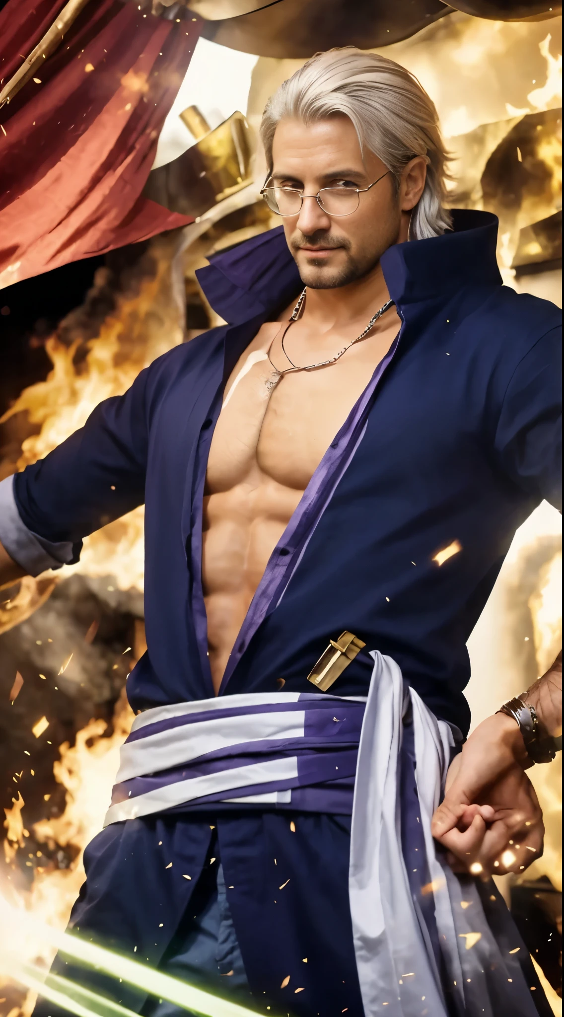 (masterpiece), (realistic), (ultra detailed), ( high reest quality), (photorealistic), (perfect face), (perfect anatomy), (((man))), (((male))), (((30 years old))), (((muscular))), (((solo))), Silvers Rayleigh from one piece, Silvers Rayleigh, short hair, (((hair style combed back))), yellow hair, black beard, wearing round glasses, wears a long dark purple shirt with the inside of the shirt being light purple, wearing dark blue pants, wearing a red and white bracelet on his left hand, wearing a white cloth belt, there is a sword scabbard on the character's left waist, the character is expressionless, the character's mouth is smiling evilly, there are flames around the character, behind the character there are flames