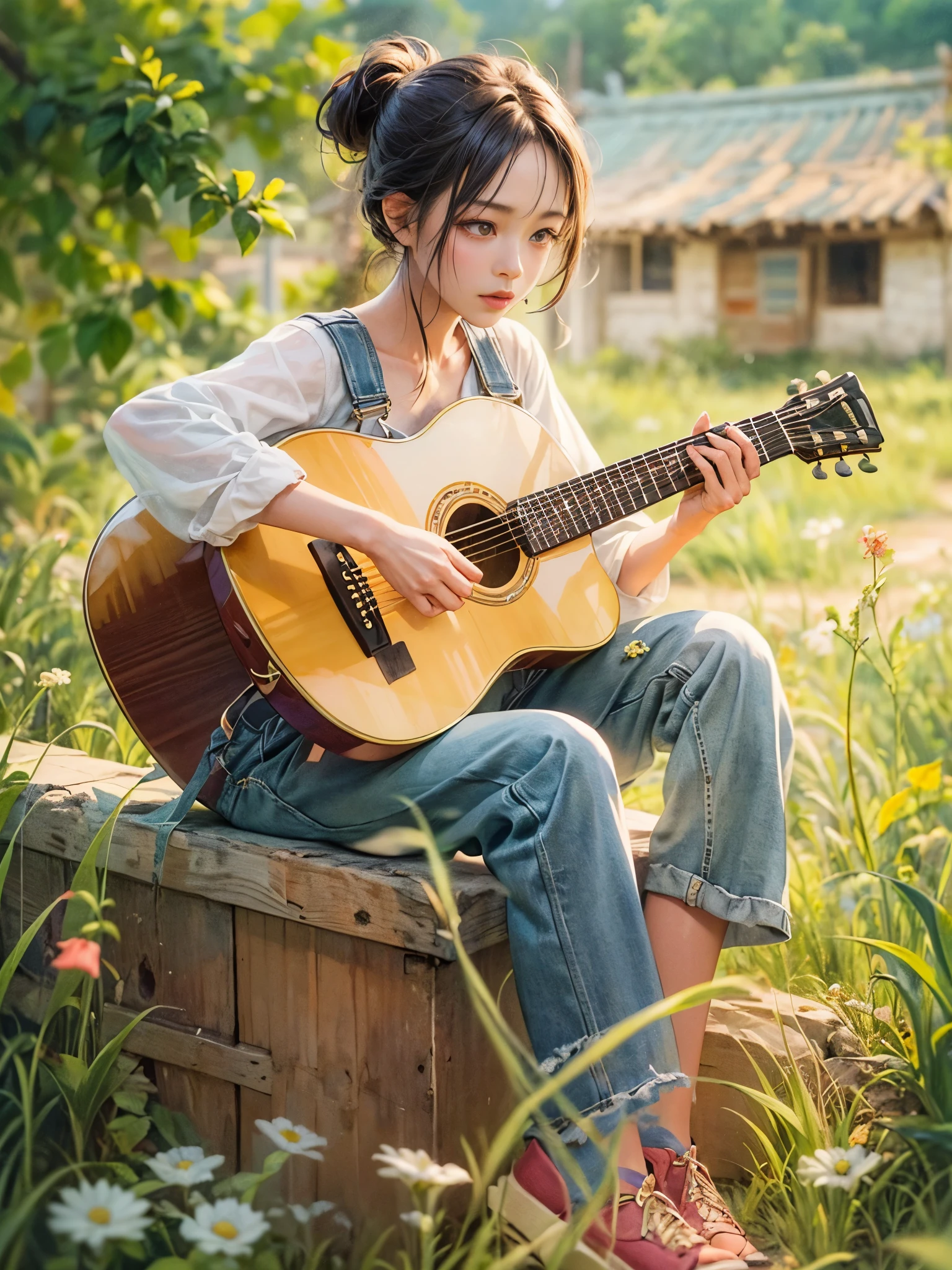 Imaginative thoughts on your dream girlfriend、Warm depiction，Envisioned as a dream lover and lifelong partner。She embodies the simplicity of Chinese rural girls、Industrious，Integrated with wisdom、Beautiful and hard-working character。This artistic depiction shows her in a rural setting，Exuding sweetness、Romantic atmosphere。((She wears simple denim overalls and a white shirt，Playing guitar))，Reflecting her humble origins and down-to-earth character。Her facial features are gentle and beautiful，The expression is kind、Tempting。The background is a picturesque rural landscape，Rolling hills、Fields and traditional country houses，Adds a sweet rustic romantic charm。The overall style blends realism and idealized rural beauty，embodies the dreamlike、The Essence of a Cute Country Girl, (floral watercolor painting:1.5)，(Super high saturation, bright and vivid colors:1.5), (nsfw), (Look at the audience head-on:1.5)