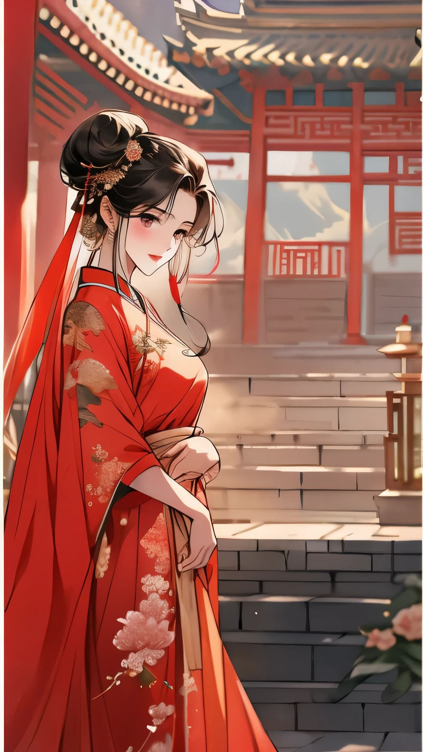 两名身着红色和金色cheongsam的亚洲女性station在桃花树旁, cheongsam, wearing a red cheongsam, Chinese style, palace ,Girls wearing Hanfu,, Beautiful rendering of the Tang Dynasty, Chinese beautiful woman, wearing chinese clothes, 复杂华丽的丝绸cheongsam,4k highly detailed digital art, Ethereal stills,hanfu, Queen of China, jingna zhang, palace , station,Chinese Mythology Art,Mountain and sea sutra style,Ink painting blooming,watercolor illustration,Western style woman,长长的black hair,Long silk dress,double bun hair,Gilt jewelry decoration,black hair,hair accessories,Super gorgeous details,Warm color aesthetic light source,Burnt blue jade beads,Clouds,ribbon,ribbon,vermilion courtyard wall,Xuan Chuang,outdoor,Light painting rendering,blurry and mottled,HD,16k,best quality