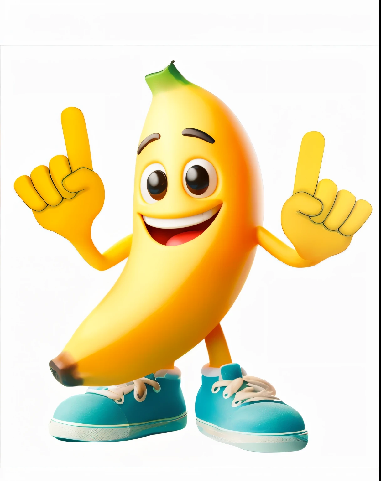 No estilo pixar 3D, uma banana viva feliz e sorridente, The character's hands are in shades of yellow, as is his entire body and is pointing upwards as if indicating something, the character is wearing a pair of red sneakers, um mascote, mascote de corpo inteiro