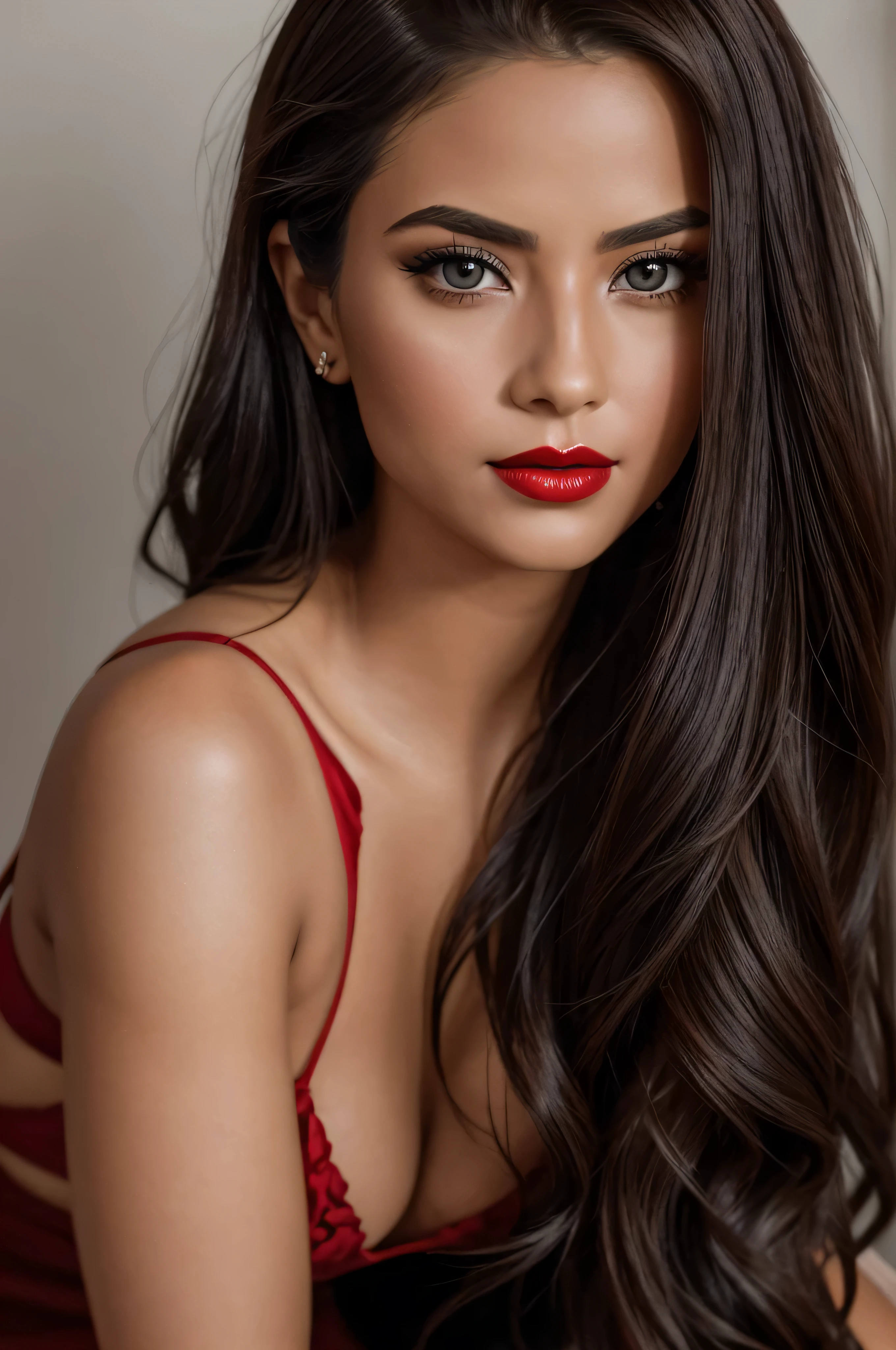 professional photo of a beautiful sensual 25-year-old instagram celebrity girl beautiful aristocratic face black long hair brown expressive eyes red lips posing in a vintage photo studio spot lighting shallow depth of field bokeh