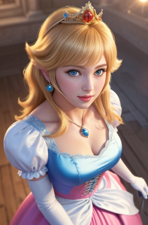 (masterpiece, highest quality, High resolution:1.4), disorganized, 1 girl,big breasts, star eye, (Princess Peach), blush, (realistic:1.5), blue eyes, Happy, break, pink dress, pretty girl,White Arm Gloves, From above,cowboy shot,perfect lighting, clear,  looking at the viewer, side light, perfect face, detailed face, bangs, perfect body, beautiful eyes, cute face, bright skin, Idol, Beautiful castle, beautiful city, (((silk))), Princess Speech