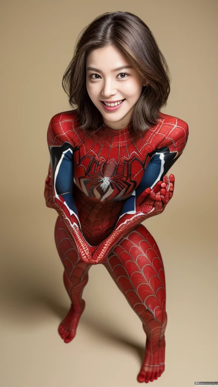 ((highest quality)), (8K), (masterpiece)), (Full body to toes:1.4)、 beautiful woman with perfect figure: 1.4, , ((spidermans－tsu)), Highly detailed face and skin texture, fine eyes, double eyelid, (big breasts), (smile),(法被姿 東京スカイtsuリー)､(Are standing)、