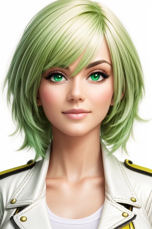 cute girl, white background , yellow green medium hair, looking at another point, illustration, wearing white leather jacket,
