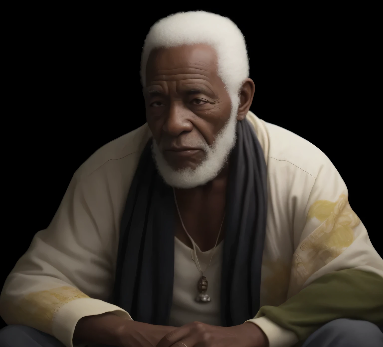 Crie uma imagem de um homem negro, Afro-descendant at the age of 80 with several colored seed necklaces around his neck