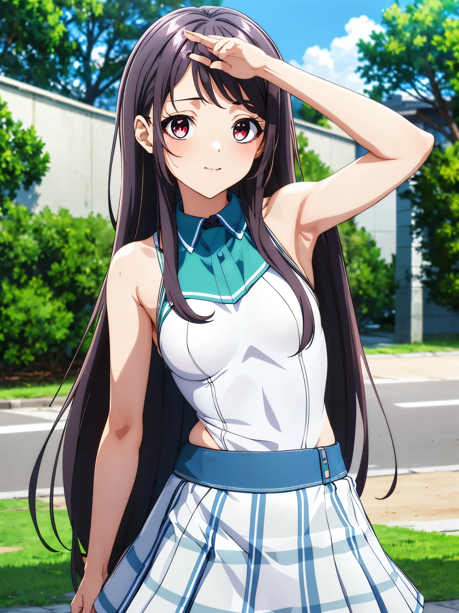 Show your armpits,Kaori Hojo, girl, (masterpiece: 1.1), (highest quality: 1.1), Upper body bikini, (white bikini: 1.1), (plaid skirt: 1.1), high waist skirt, break [green grass: pink, :0.5] theme, (Urban background: 1.1), denim lens, break Silver, length, green eyes, landscape, small chest, low length, girl, big breasts,